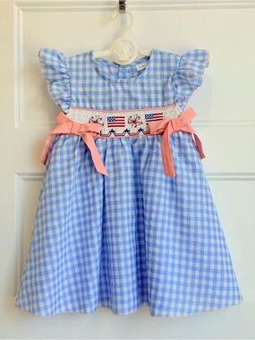 Girls' Blue Gingham Smocked Dress with Pink Bow Accents